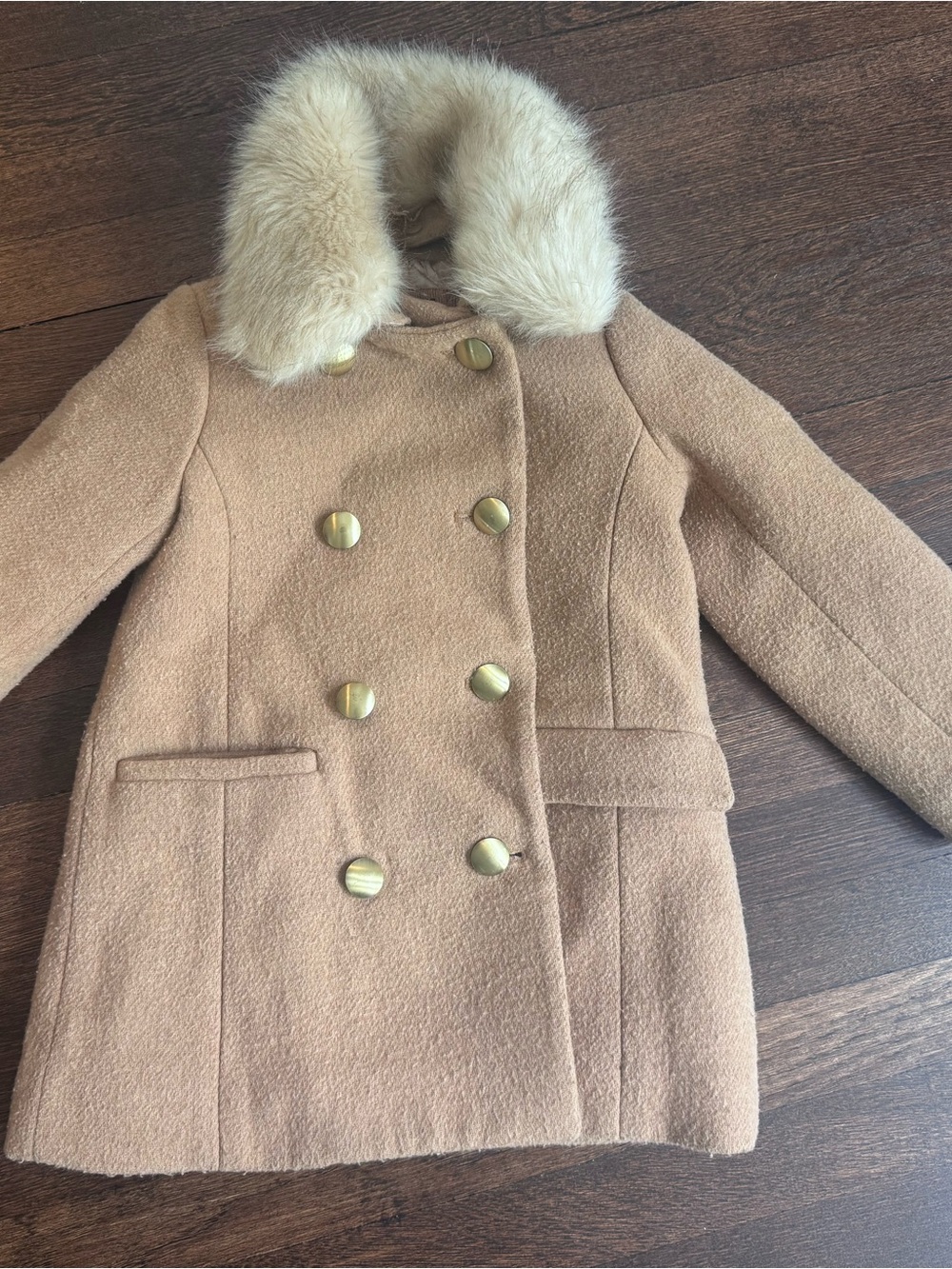 Chic Crewcuts Girls Camel Pea Coat with Faux Fur Collar